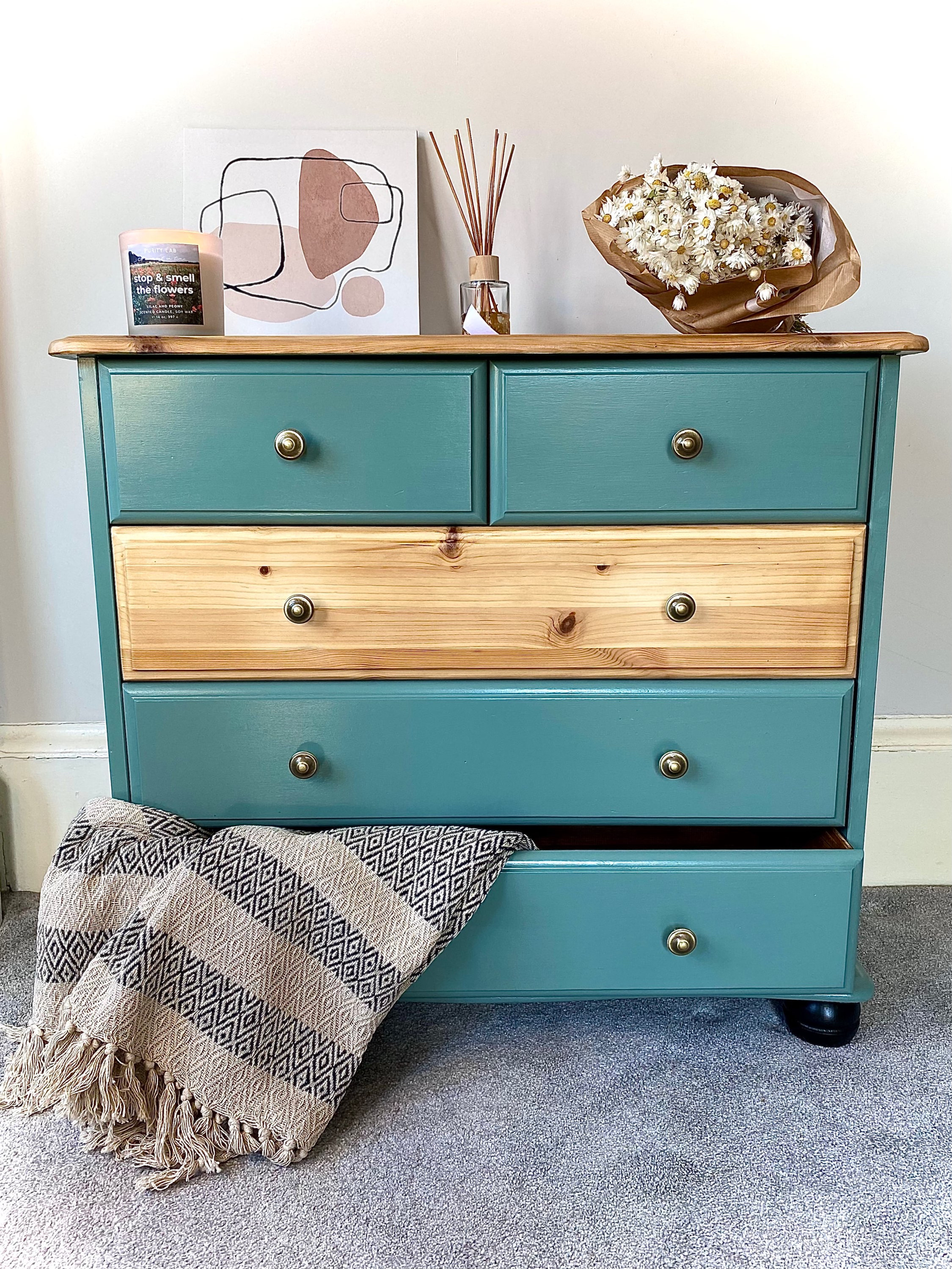 Boho Style Pastel Green and Natural Drawer Chest