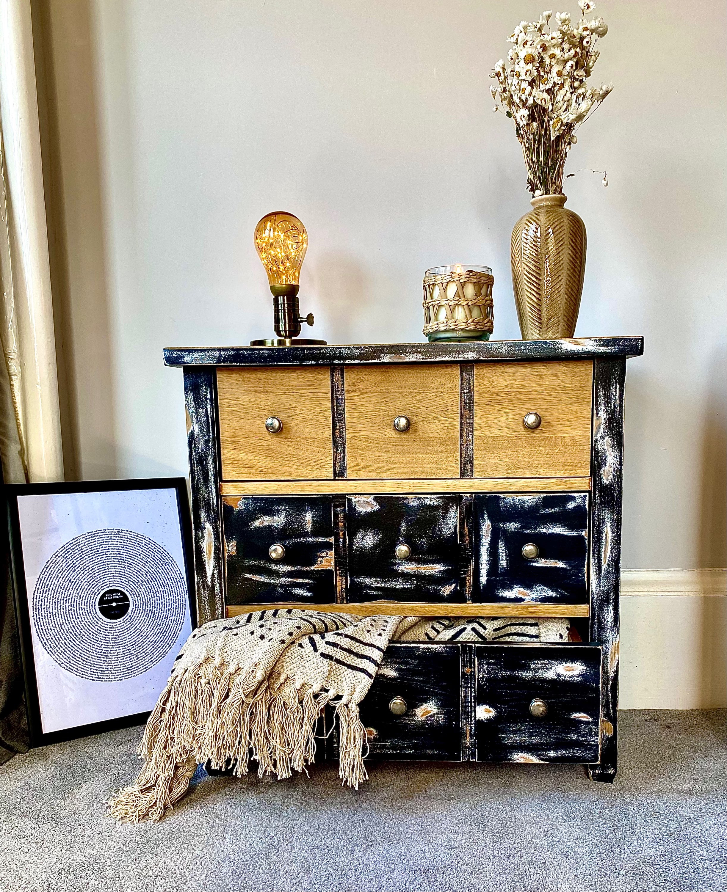 Weathered Effect Black and Oak Drawer Chest