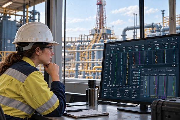 Rig crew member reviewing a rig data recorder with RheoView fluid trends.
