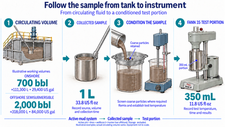 Manual drilling-fluid sampling from the circulating system to a 1 L sample and 350 mL Fann 35 test portion; illustrative onshore and offshore working volumes exclude storage.