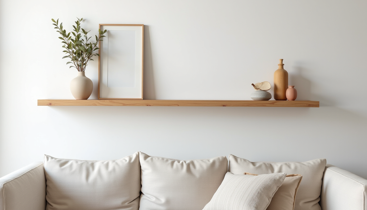 Eye-level view of a wooden floating shelf mounted on a white wall above a sofa