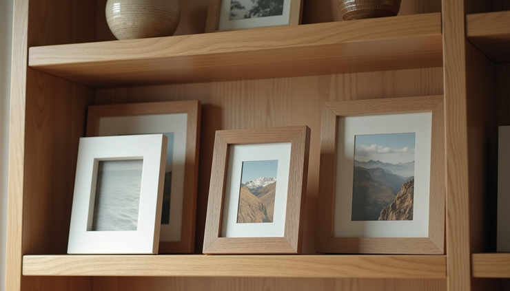 High angle view of a wooden shelf with layered picture frames in different colors and textures