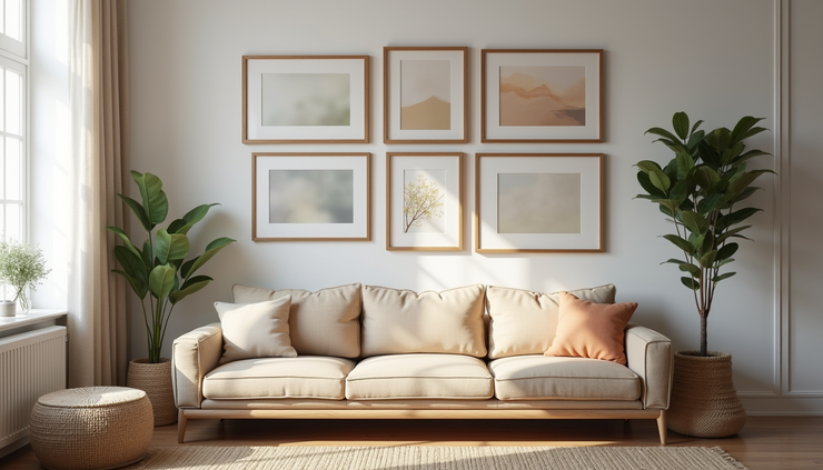 Eye-level view of a cozy living room wall with colorful picture frames arranged in a gallery style