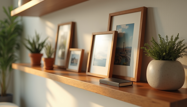 Close-up view of a wooden floating shelf with mid-century modern decorative objects and framed photos