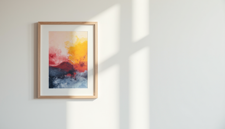 Close-up of a picture frame holding a colorful abstract art print on a white wall