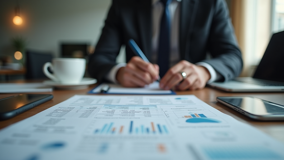 Eye-level view of a small business owner reviewing financial documents