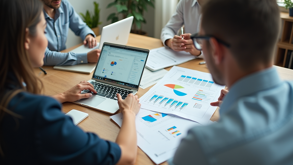 High angle view of a nonprofit strategy planning session with charts and laptops