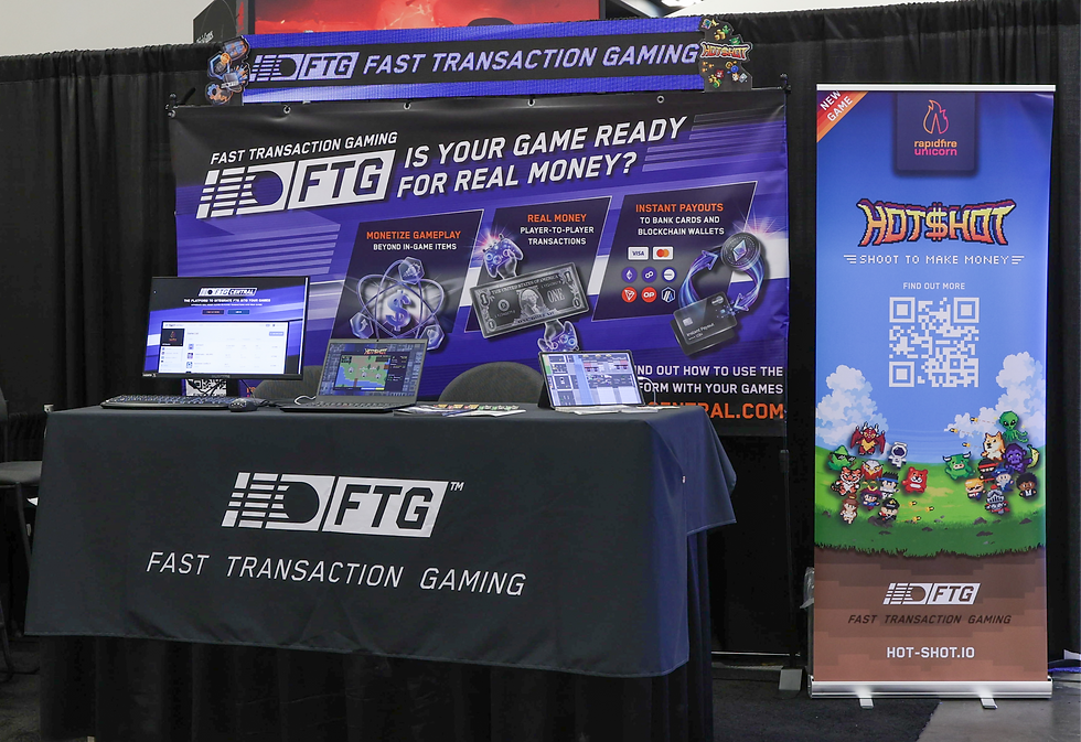 Rapidfire Unicorn Ltd. Fast Transaction Gaming booth in GDC featuring demos of the system and Hotshot game.