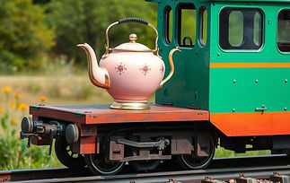a vintage teapot traveling on a flatbed car of a train.jpg