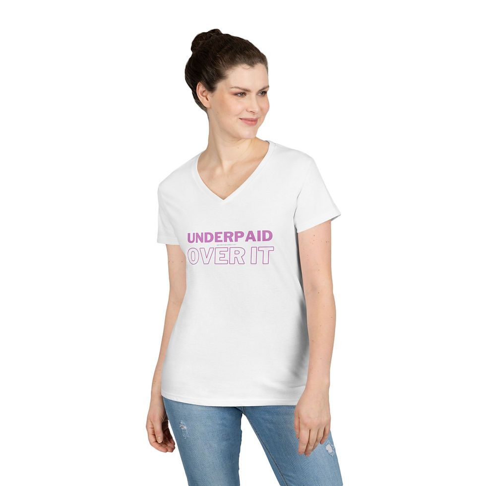 Thumbnail: Ladies' V-Neck T-Shirt - 'UNDERPAID OVER IT' pink
