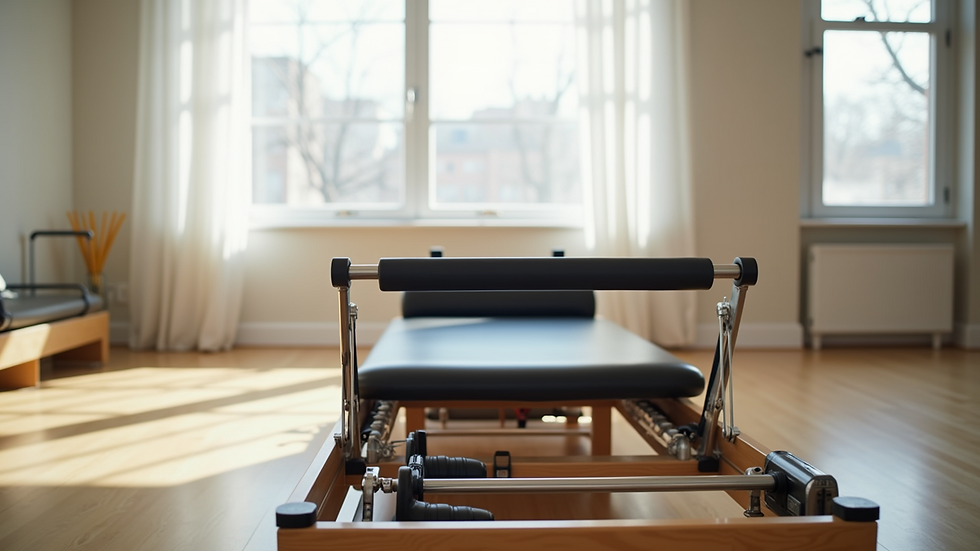 Eye-level view of a reformer Pilates machine in a bright studio