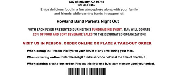 BJ's Fundraising Event: Rowland Band Parents Night Out (04/06/26)