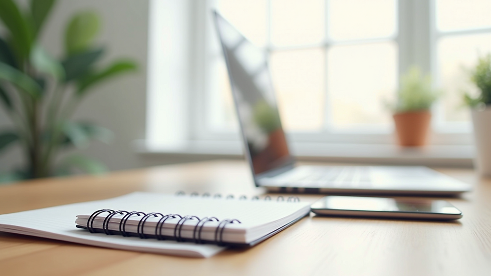 Eye-level view of a modern office workspace with a laptop and notebook