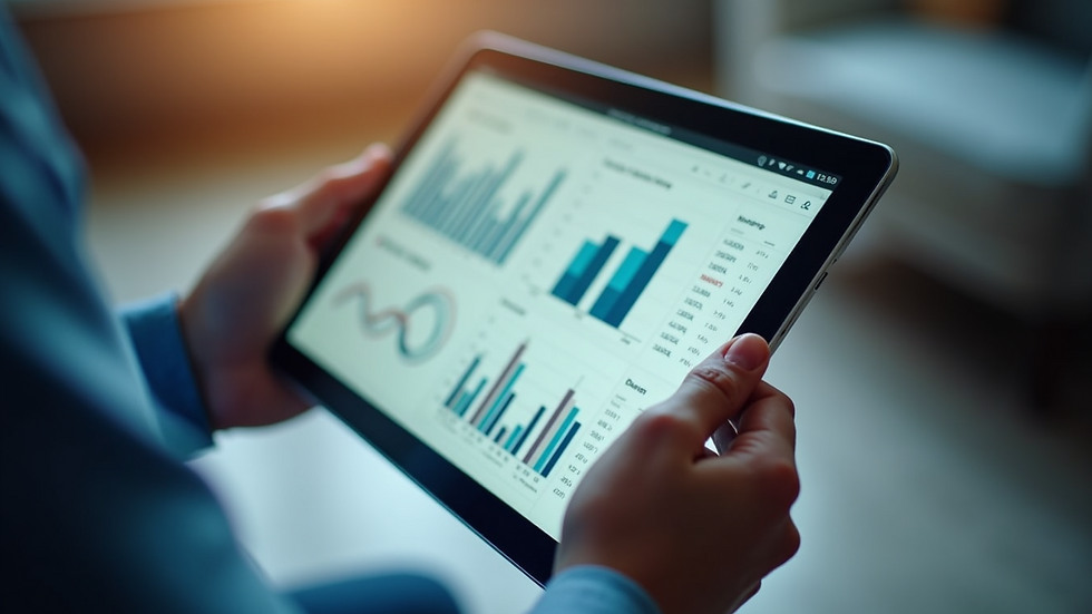High angle view of hands holding a tablet displaying data charts
