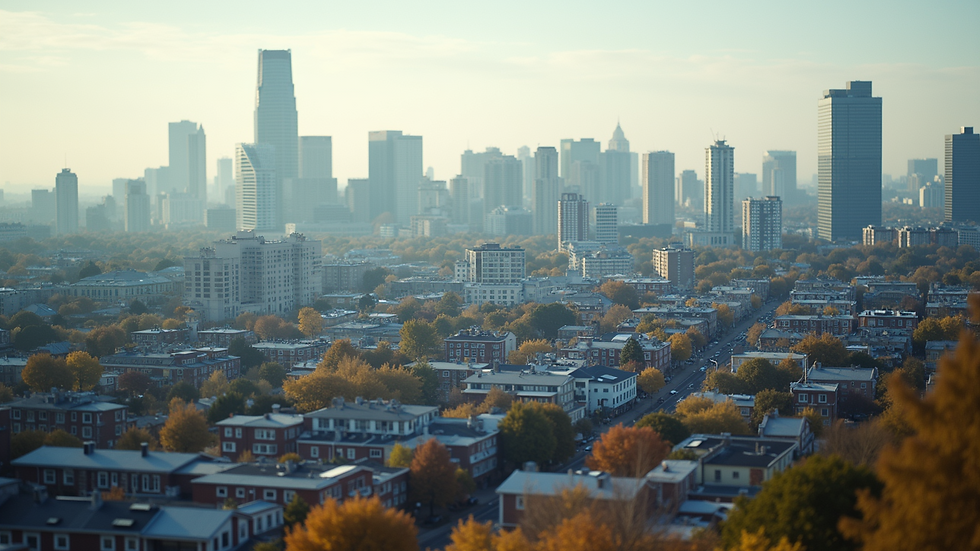 Close-up view of a city skyline with diverse neighborhoods