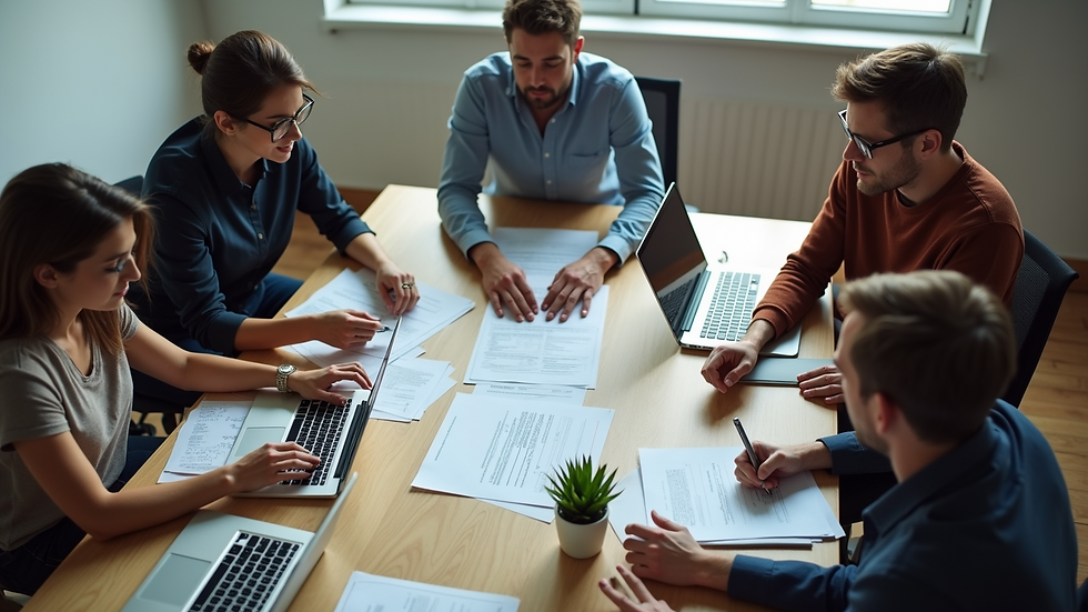 High angle view of a diverse team collaborating around a table with laptops and documents