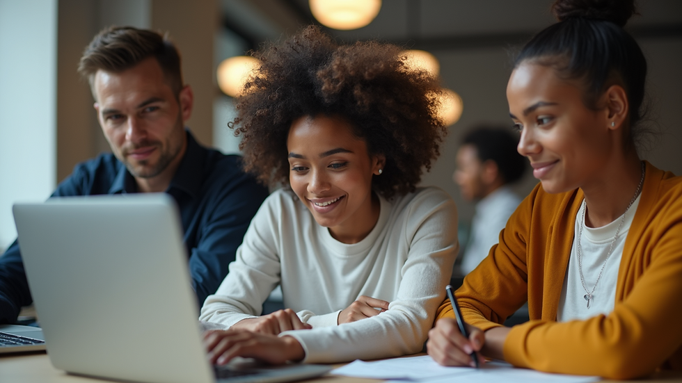 Eye-level view of a diverse group collaborating around a laptop