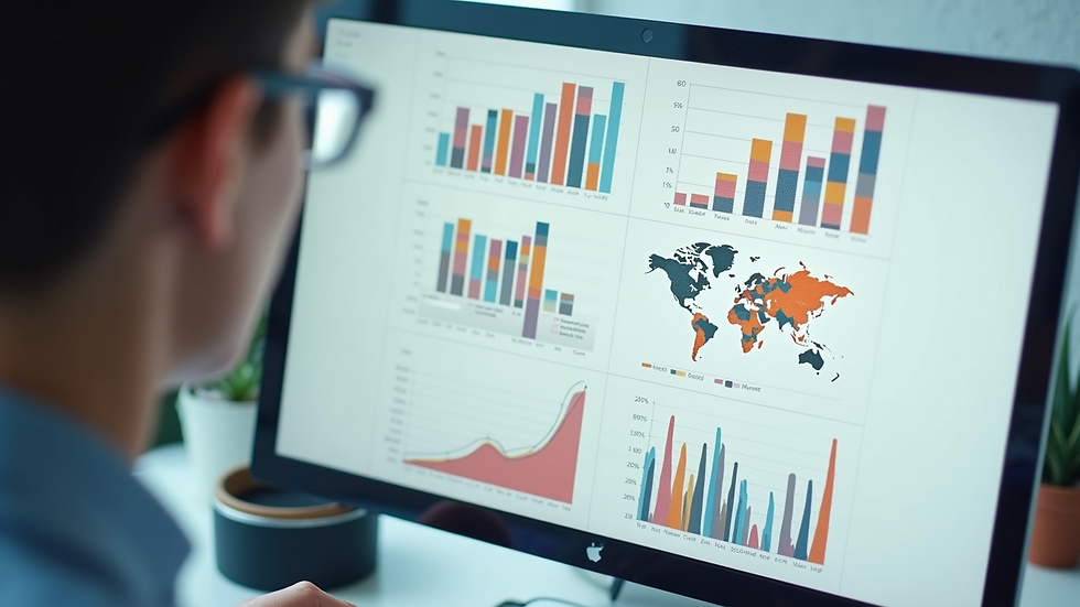 Close-up view of a data analyst reviewing diverse demographic charts on a computer screen