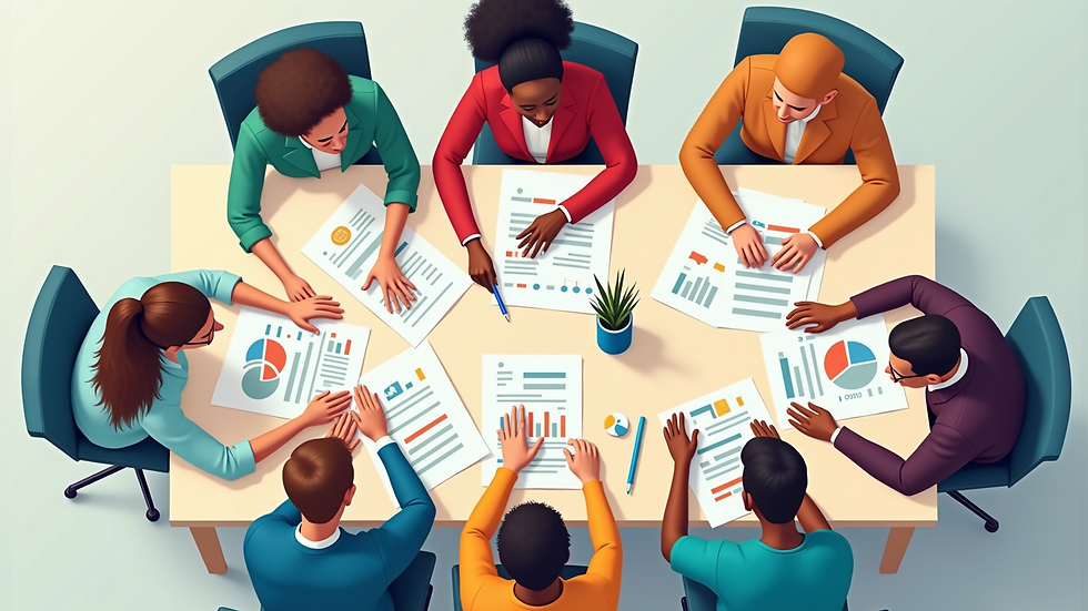 High angle view of a diverse team collaborating around a table with data reports