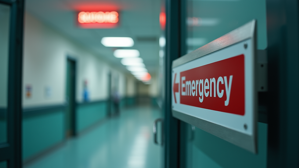 Eye-level view of a hospital entrance with a sign indicating emergency services
