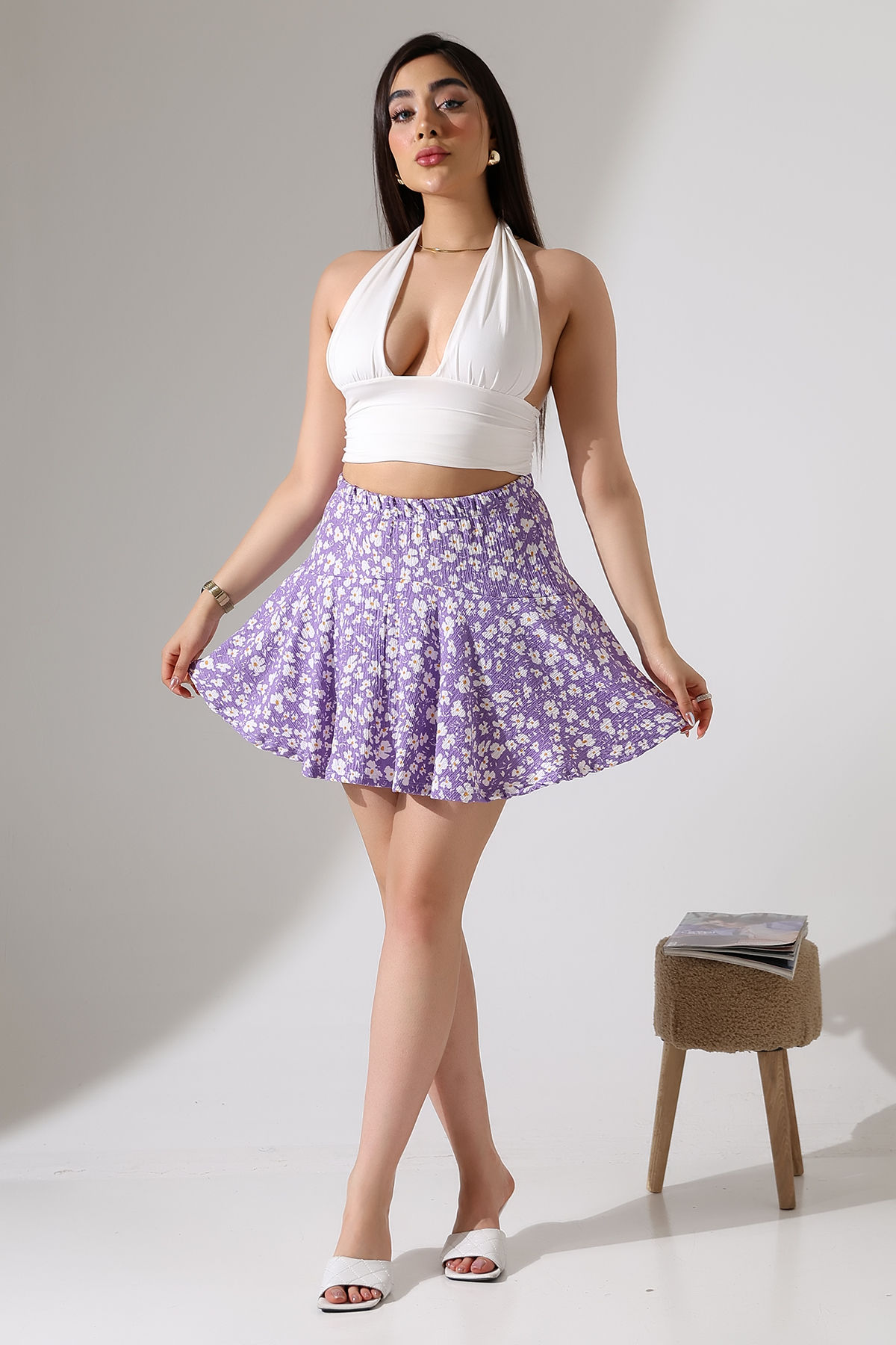 Çiçek Desenli Lila Şort Etek