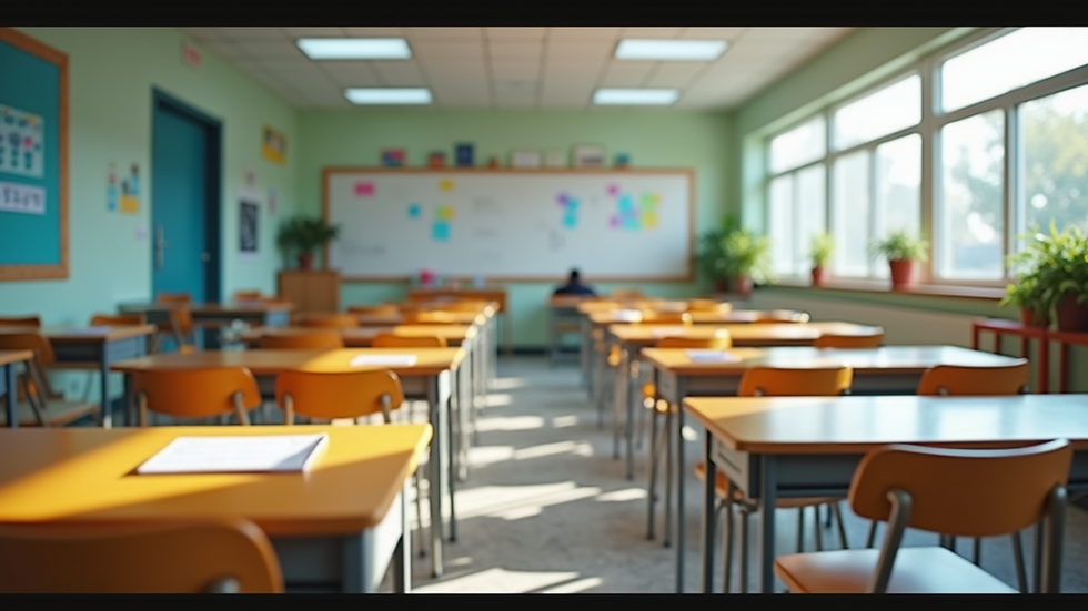High angle view of a colorful and organized classroom setup