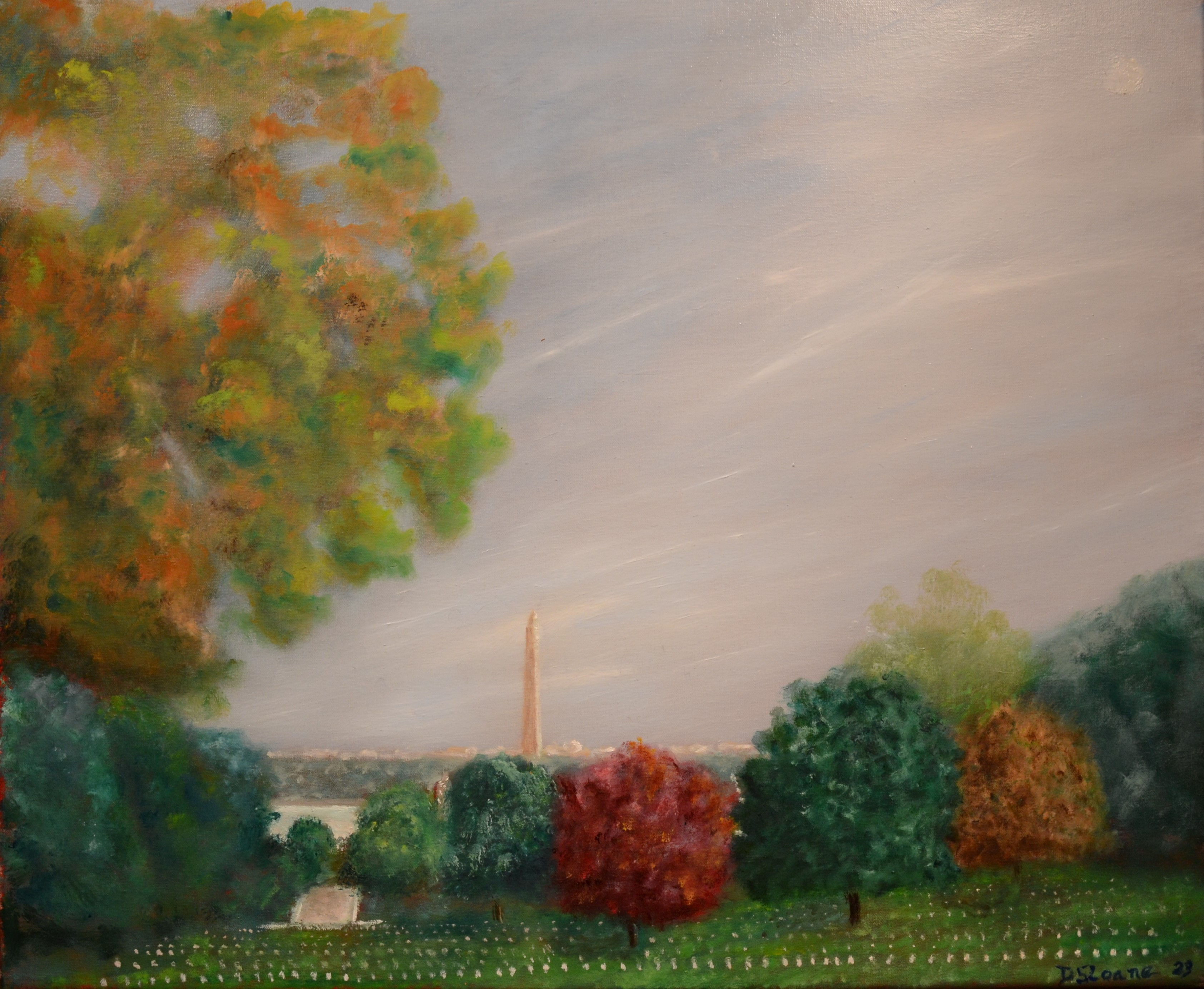 Autumn day standing near Ginsberg grave looking down at Washington Monument