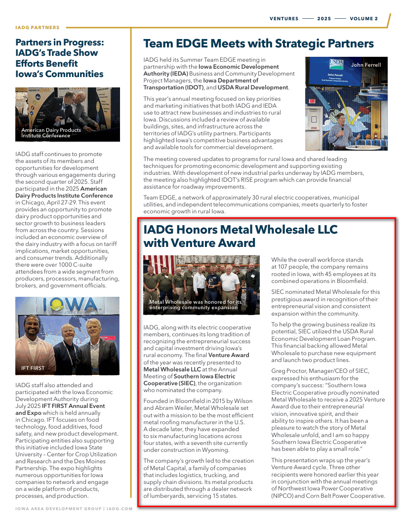 Metal Wholesale Recognized with Iowa Venture Award Published News