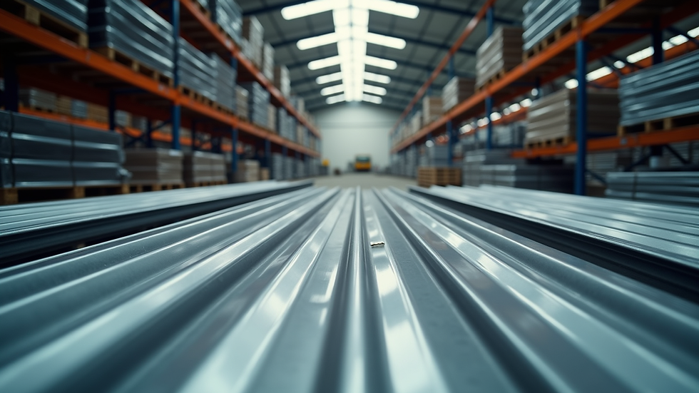 Eye-level view of metal roofing panels stacked neatly in a warehouse