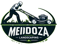 bald man pushing lawnmower logo with Mendoza landscaping  cut into the grass.png