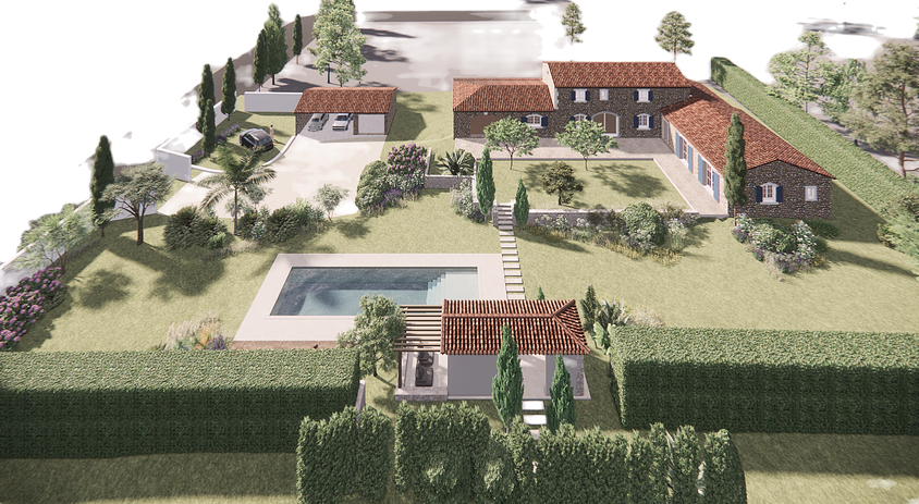 Vue en perspective plongeante illustrant l'ensemble des aménagements du terrain, au stade esquisse du projet.