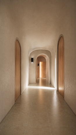 Couloir intime blanc et beige, bois, portes cintrées