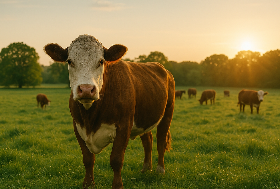 Hereford cattle grazing during the golden hour