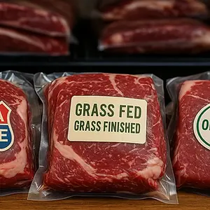 3 packages of beef, one labeled 'USDA Prime", another labeled "Grass Fed / Grass Finished", and another labeled "Organic".