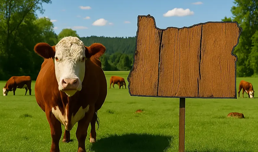 Grass-fed beef cattle in Oregon pasture with rustic wood Oregon outline hero image