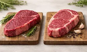 grass-fed steak and a grain-fed steak side by side