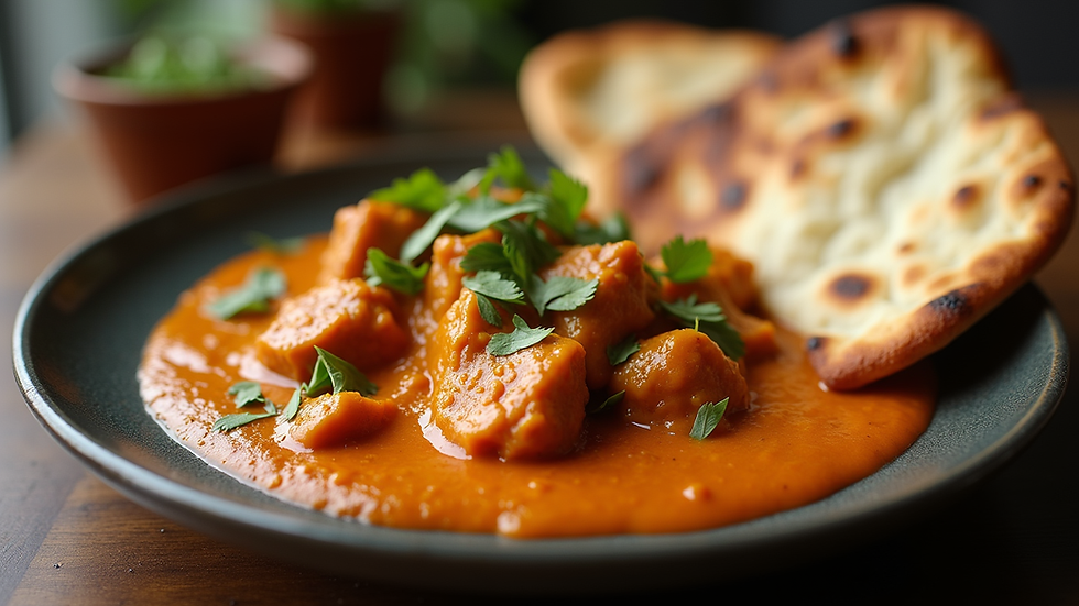 Close-up view of a beautifully plated butter chicken with naan bread