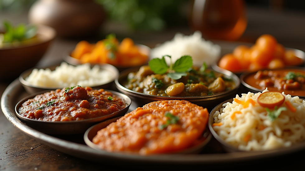 Close-up view of a thali platter with various Indian dishes