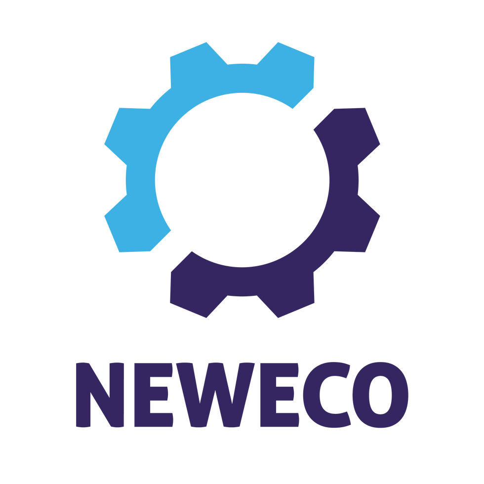 NEWECO logo. Above the word NEWECO (purple coloured font) there is a graphic of a cog which is half blue and half purple