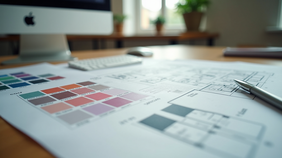 Close-up view of a designer’s desk with color swatches and floor plans