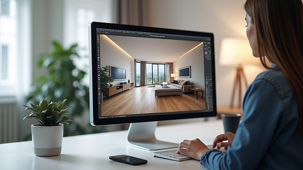 Close-up view of a 3D interior design rendering on a computer screen