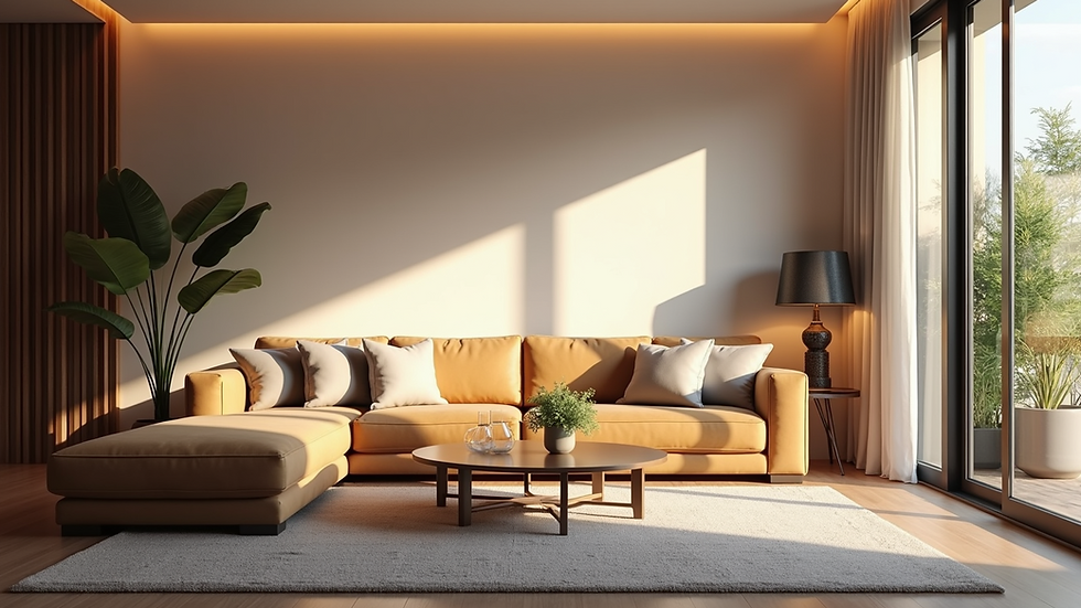 Eye-level view of a modern living room with custom furniture and warm lighting