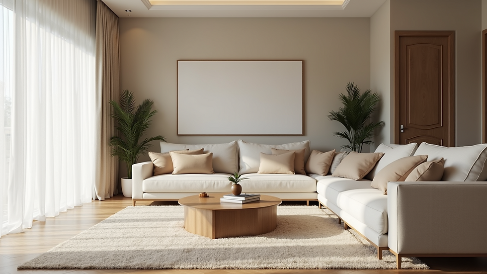 Eye-level view of a spacious living room with neutral tones and modern furniture