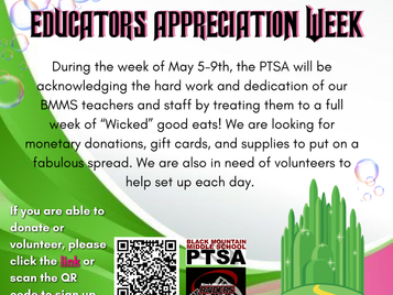 Flyer for Black Mountain Middle School's Educators Appreciation Week, happening May 5-9th. The flyer invites donations, gift cards, and volunteers to help provide a week of 'Wicked' good eats for teachers and staff. It includes a QR code for sign-ups and features the BMMS PTSA and Raiders logos, along with a vibrant green and pink 'Wicked'-themed design with bubbles.