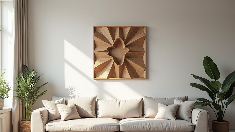 High angle view of a wooden geometric wall art piece mounted on a living room wall