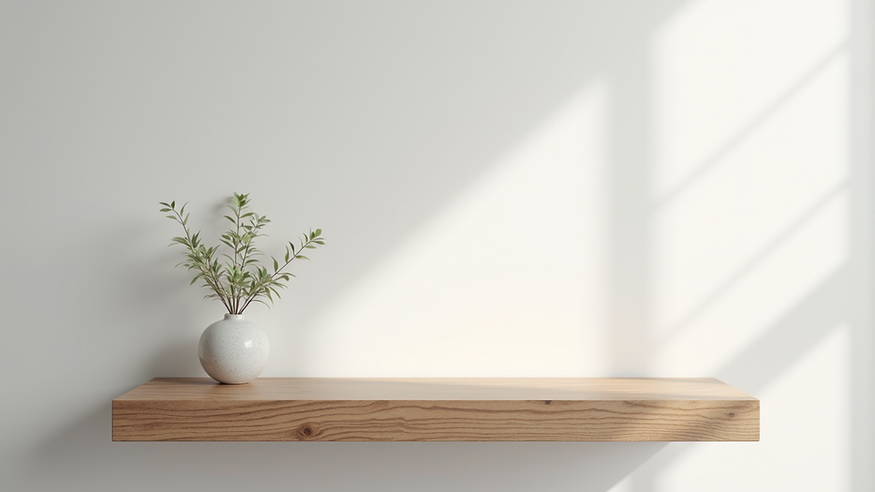 Eye-level view of a floating wooden shelf mounted on a white wall
