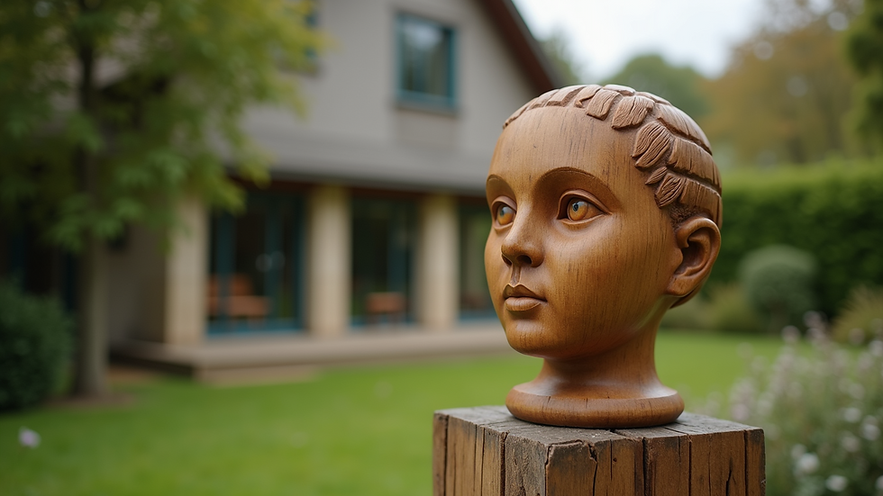 Eye-level view of a wooden sculpture displayed in a garden