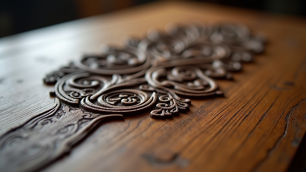 Close-up view of intricate wooden carving on a table