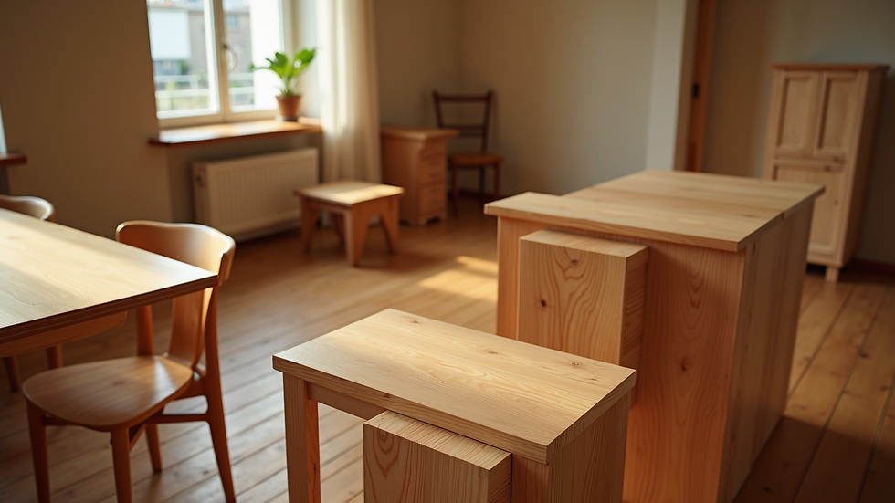 High angle view of various wooden furniture pieces
