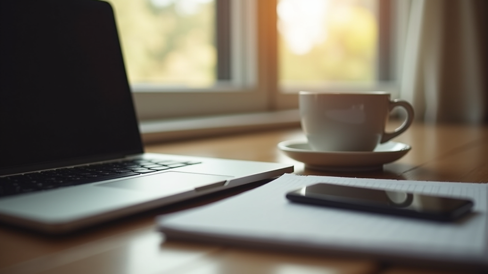 Eye-level view of a cozy workspace with a laptop and a cup of coffee